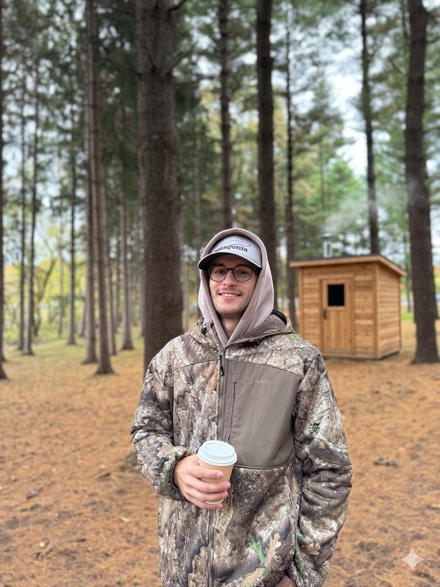 Cross & Beam founder in the woods with a completed sauna build behind him