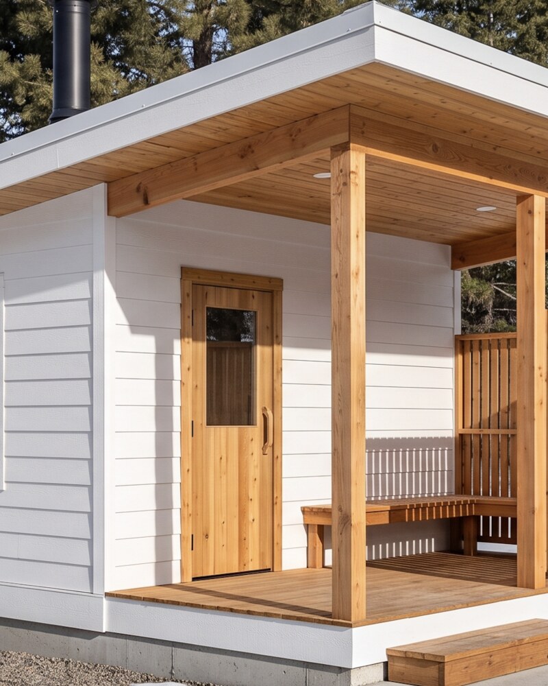 White-sided backyard sauna with cedar porch and covered entry