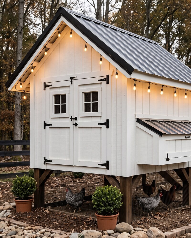 Custom chicken coop with metal roof and string lights