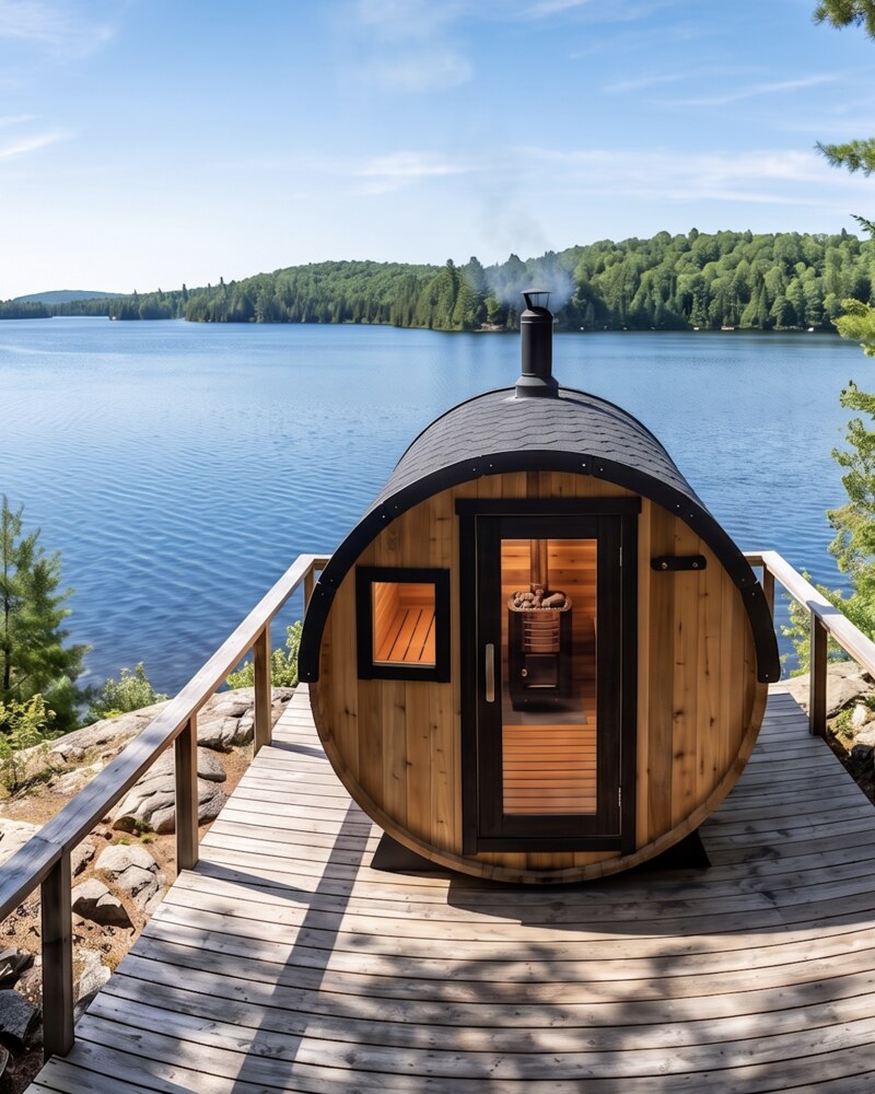 Cedar barrel sauna on a lakeside deck with water view